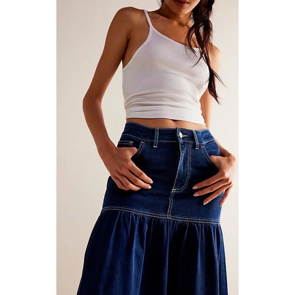 We The Free Skirt Maxi Women Jordan Blue Denim Flare Retro Vacay Boho Size 6 NWT